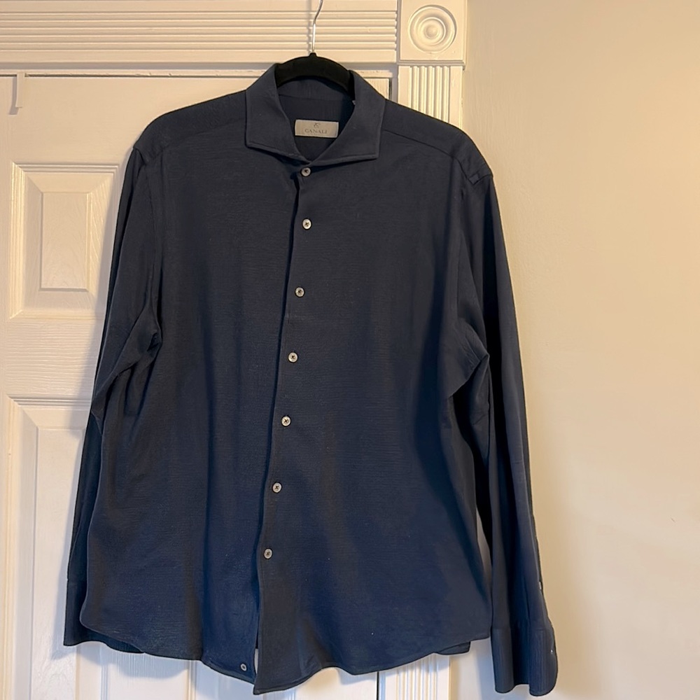 Mens XL blue Canali cotton jersey button down shirt